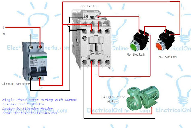 single phase motor wiring with contactor and circuit breaker